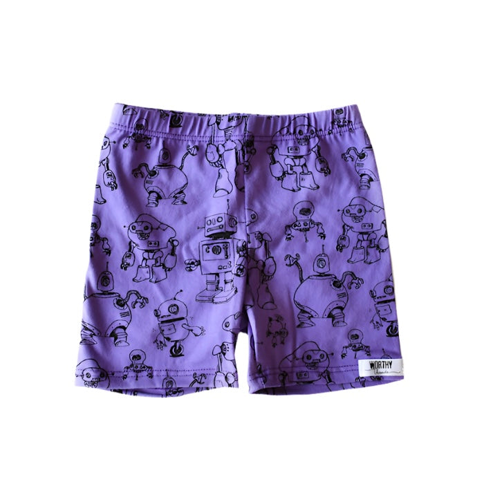 Girls biker shorts in purple robots print