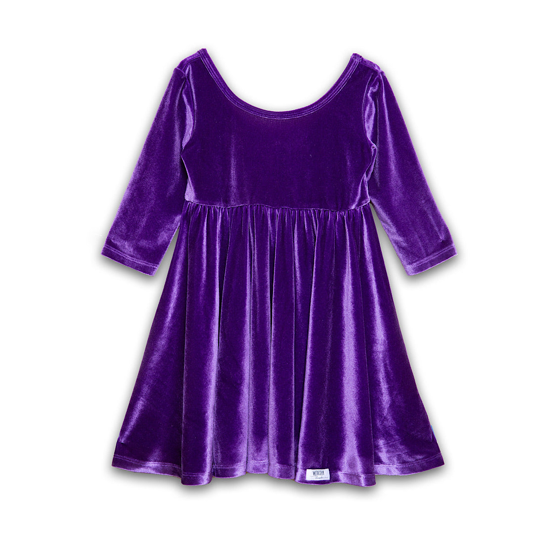 Twirly Dress in Dark Purple Stretch Velvet 7y Twirly Dress in Dark Purple Stretch Velvet 7y
