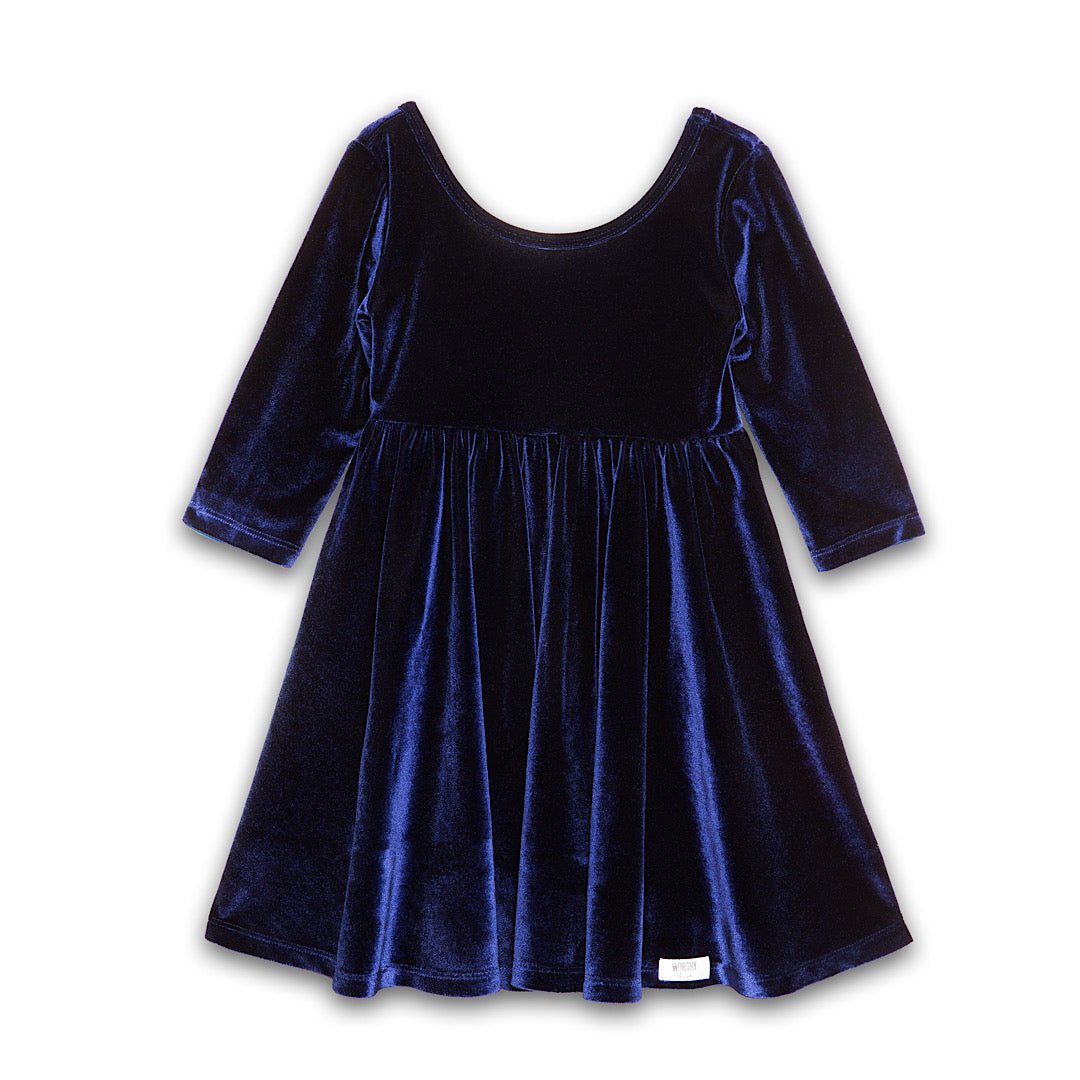 Girls navy stretch velvet twirly dress