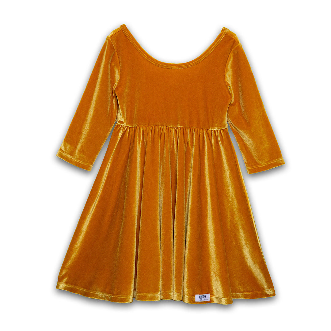 Girls stretch velvet twirly dress in mustard yellow gold