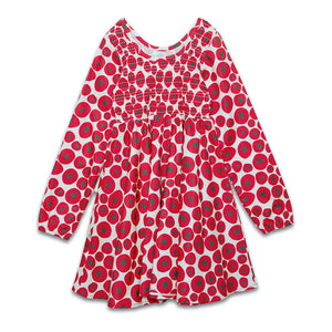 Girls long sleeved ruched dress in tomato print, back view