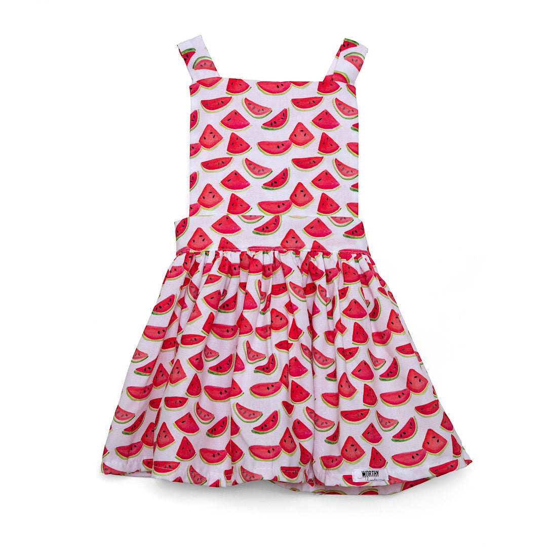 Girls pinafore dress in summery watermelons print, apron style dress