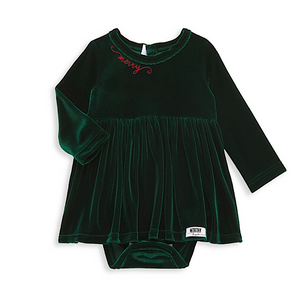 Baby toddler christmas outfit dress bubble romper in emerald green velvet with embroidery