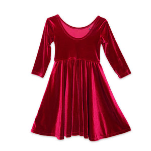 Girls burgundy red stretch velvet twirly dress with Christmas Holiday embroidery, back view
