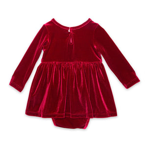 Baby toddler burgundy red stretch velvet long sleeve bubble romper dress with Christmas Holiday embroidery, back view
