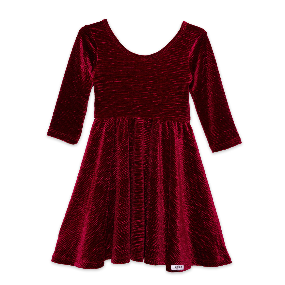 Girls christmas holiday twirly dress in burgundy red stretch velvet
