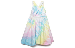 Girls twirly dress with cross back straps in pastel tie dye, back view