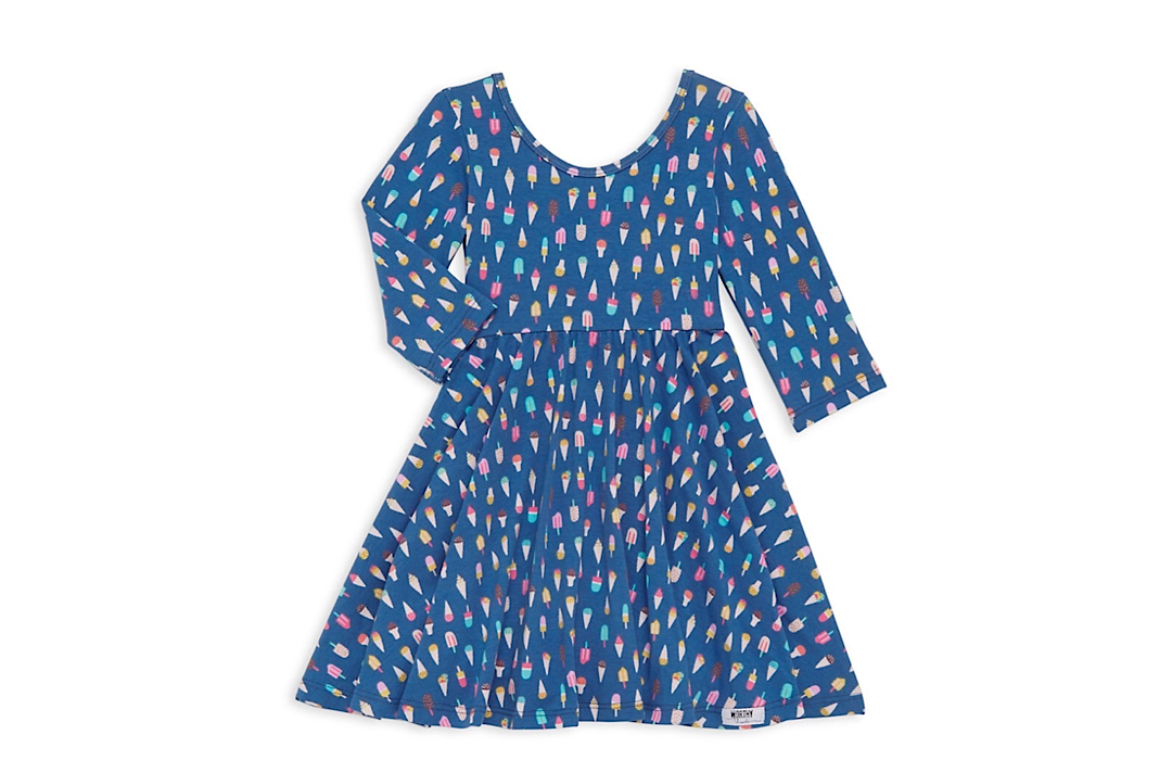 Girls twirly dress in navy ice cream print.  Unique kids clothing by Worthy Threads