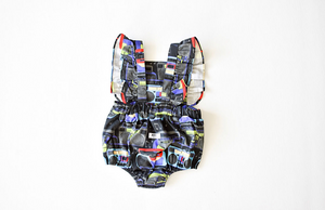 Back view of bubble romper in boombox: unique baby clothes