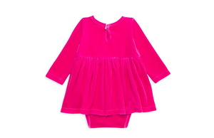 Baby bubble romper in neon pink stretch velvet, back view