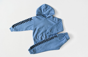 Kids matching loungewear set in hand dyed blue checkerboard