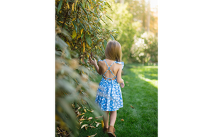 Back view of girl modeling blue ducks ruffle sleeve dress