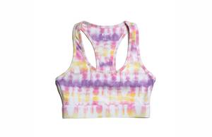 Sports bra in sunset tie dye: adult activewear in pink, purple and yellow