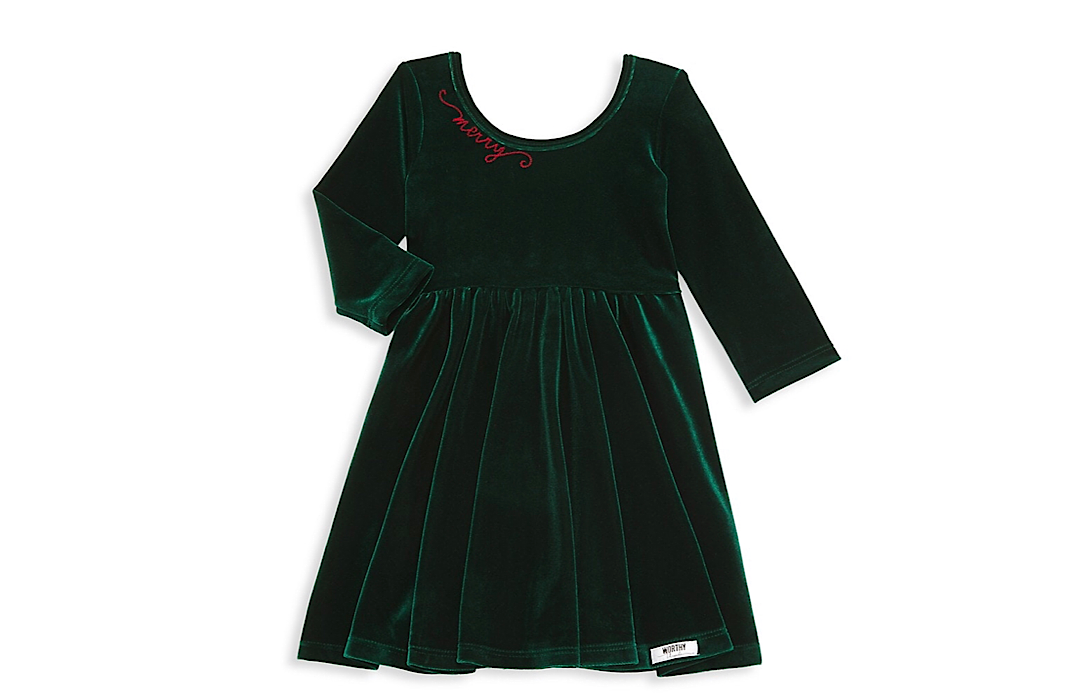 Christmas girls twirly dress: green velvet with Merry embroidered at neckline