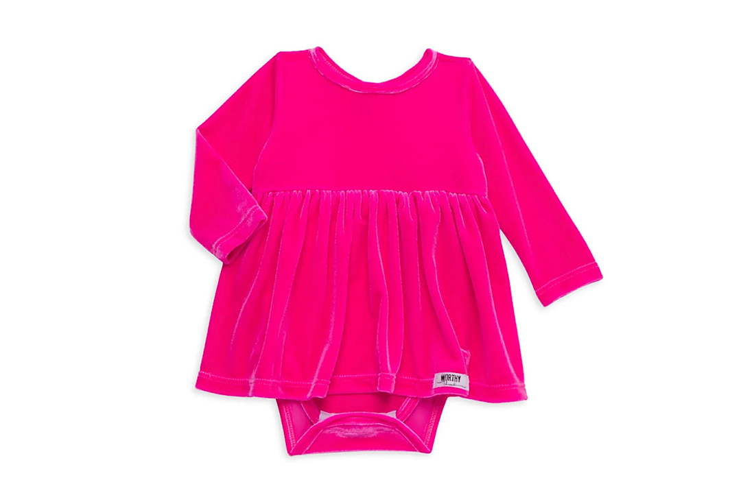 Baby bubble romper in neon pink stretch velvet