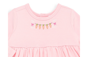 Close up view of Easter embroidery on pink baby bubble romper