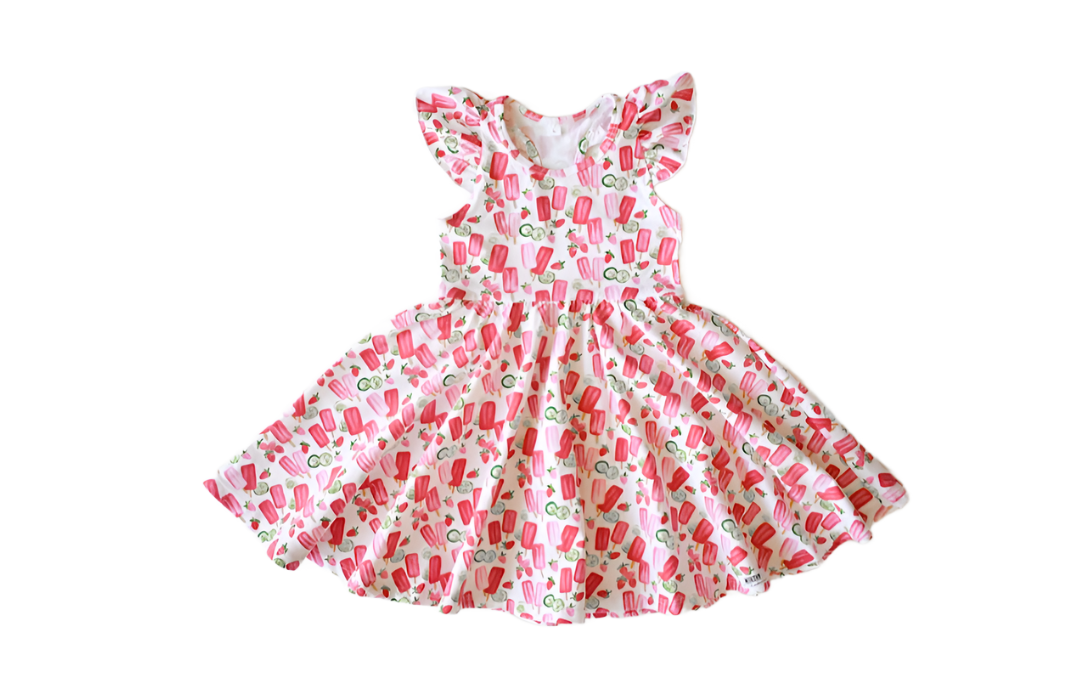 Girls twirly dress with ruffle sleeves in popsicle print. Unique kids clothing by Worthy Threads