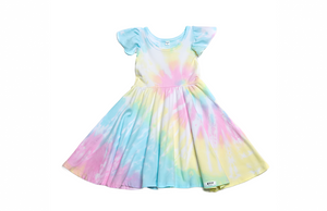 Girls ruffle sleeve twirly dress in pastel tie dye.
