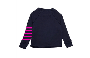 Kids navy cropped crew with magenta stripes, back view