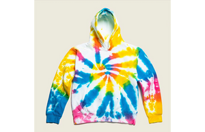 Kids tie dye hoodie in multi colors.  Matching tie dye loungewear sets by Worthy Threads clothing brand