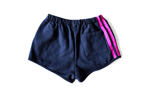 Adult sweat shorts in navy magenta, back view