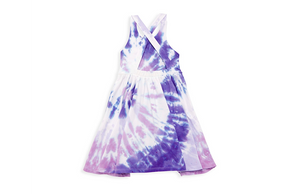 Purple tie dye cross back twirly dress, back view