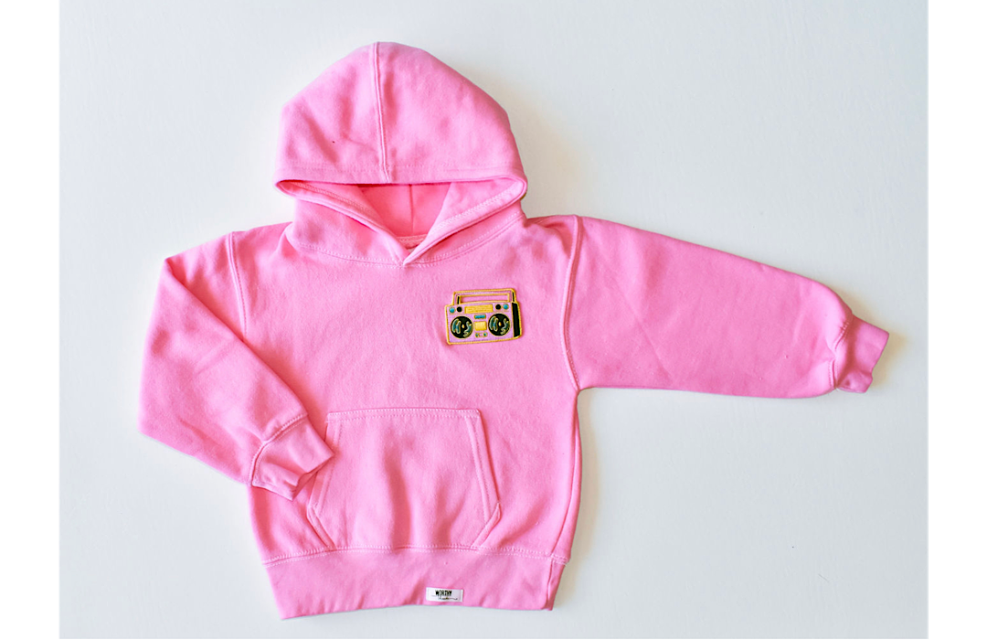 Kids hand dyed hoodie in pink with boombox patch: matching loungewear set