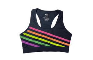 Adult sports bra in black with neon stripes.  Pair with matching leggings for activewear set!
