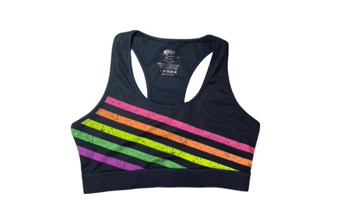 Adult sports bra in black with neon stripes.  Pair with matching leggings for activewear set!