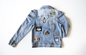 Kids puff sleeve denim jacket with patches, back view