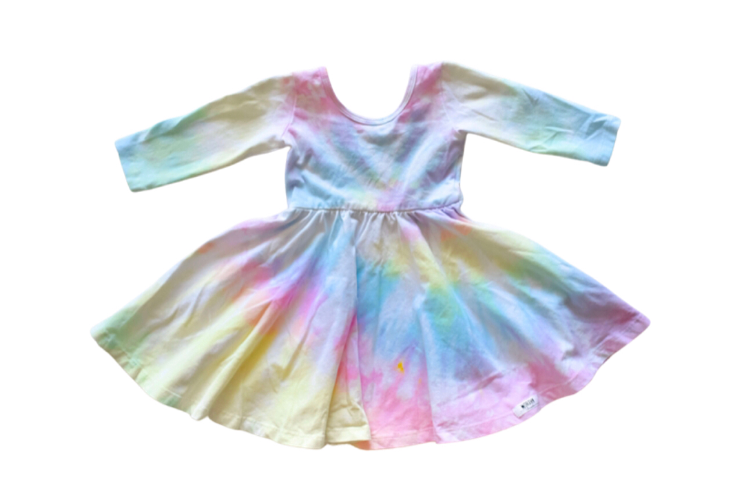 Unique kids tie dye clothing: pastel tie dye twirly dress by Worthy Threads clothing brand