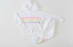 Kids matching loungewear set in white with neon stripes and splatter paint