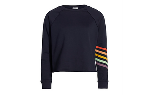 Adult cropped crew neck sweatshirt in navy with rainbow stripes