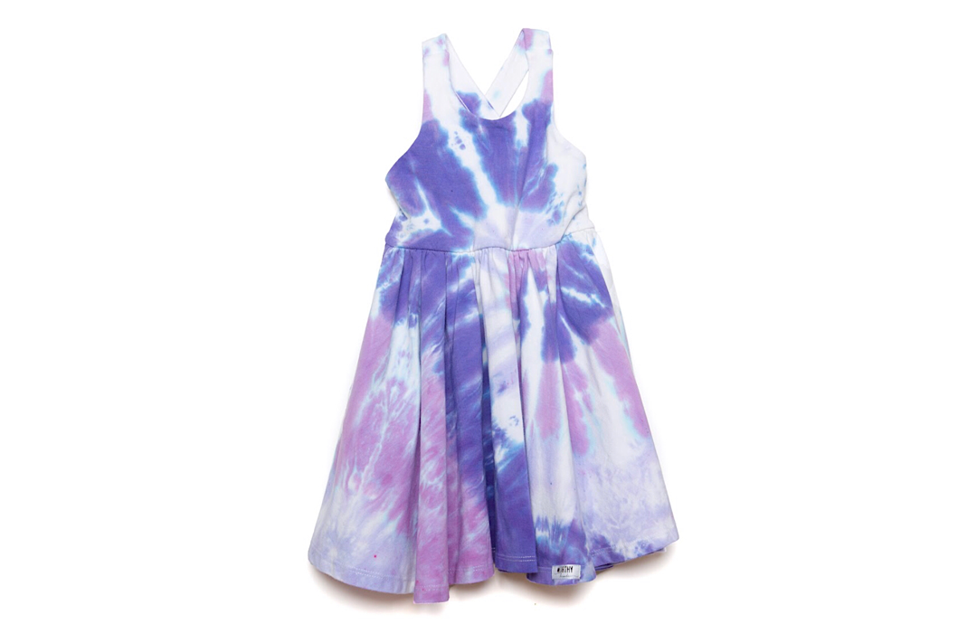 Cross back twirly dress in purple tie dye