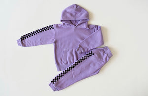 Kids hand dyed matching loungewear set in purple checkerboard: hoodie and joggers