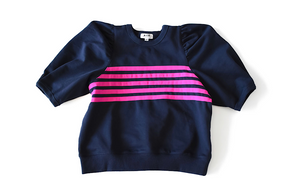 Adult puff sleeve crew neck in navy with magenta stripes