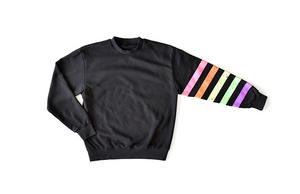 Adult crew neck hoodie in black with neon stripes on sleeve