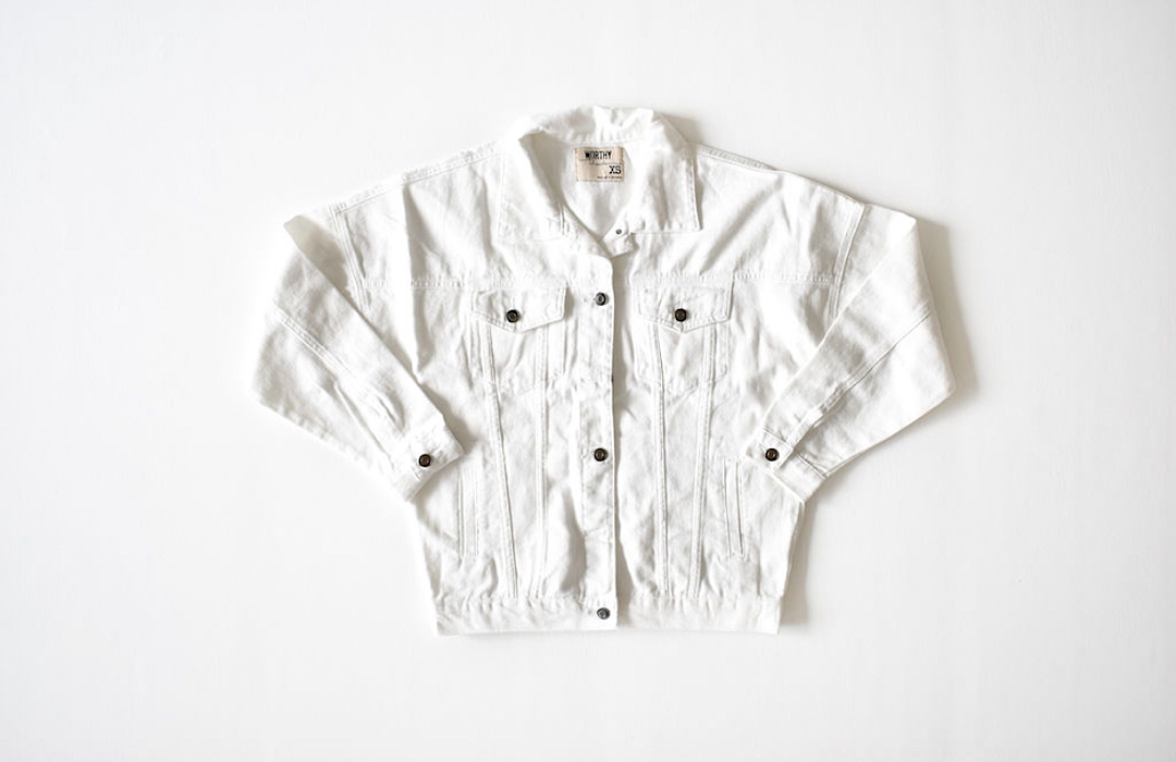 Adult white denim boyfriend jacket by worthy threads clothing brand