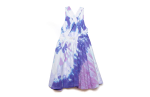 Girls twirly dress with cross back straps in purple tie dye, back view