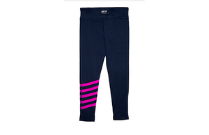 Kids navy leggings with magenta stripes, back view