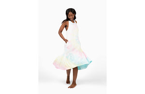 Model twirling in tie dyed tank dress with pockets, pastel colors