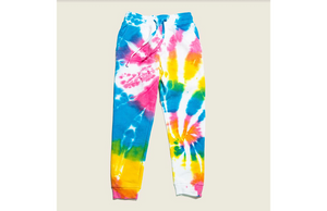 Kids tie dye joggers in multi colors.  Matching tie dye loungewear sets by Worthy Threads clothing brand.