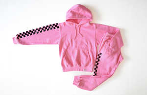 Adult matching loungewear set in pink Checkerboard: hoodie and joggers in Barbie pink