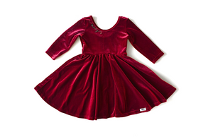 Christmas girls twirly dress in burgundy stretch velvet, embroidered 