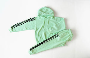 Adult hand dyed matching loungewear set in green checkerboard: hoodie and joggers