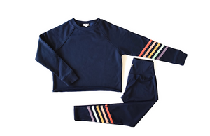 Adult matching activewear set in navy with rainbow stripes: cropped crew neck and leggings