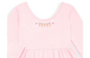 Girls pink twirly dress, close up view of Easter embroidery