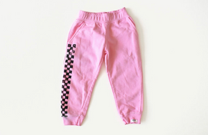 Kids hand dyed joggers in pink checkerboard: matching loungewear sets