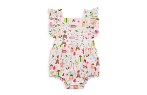 Christmas bubble romper in gingerbread fabric