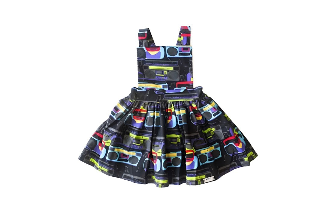 Girls pinafore dress in boombox print.  Unique kids clothing for your tiny individual. Perfect for matching sister outfits newborn and toddler!